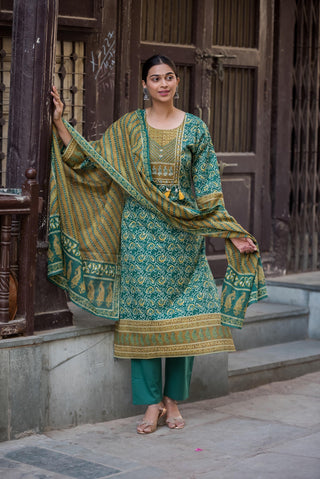 Rama Green and golden kurta set