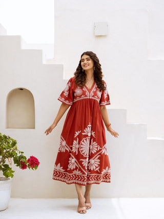 Brick red Midi dress one piece